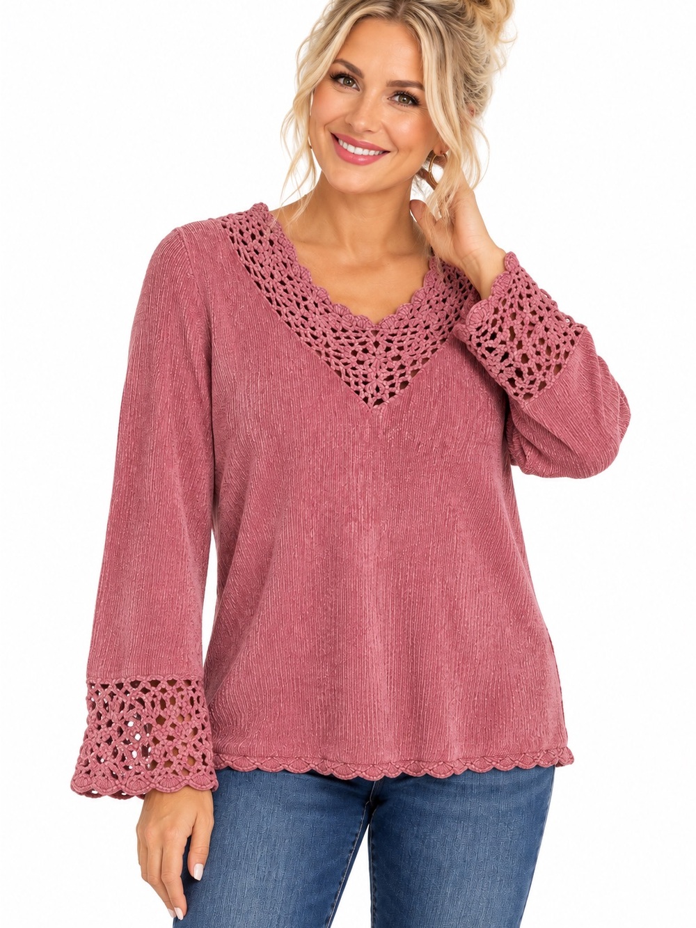 Vintage Cervelle Sweater Size S Dusty Rose Chenille Crochet Trim